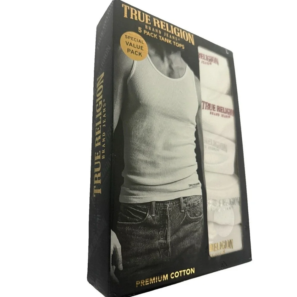True Religion Men's Tank Tops 5 pack White Size L 42-44 Ribbed with Logo New